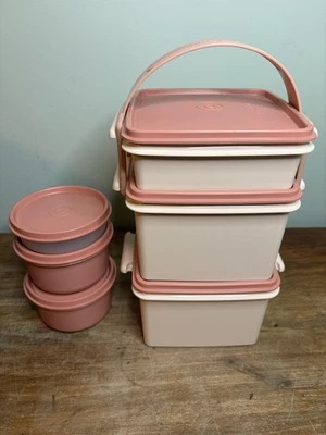 Vintage Tupperware Stackable Container Set Carry Handle 3 Square 3 Round 6 Lids - Image 1 of 4