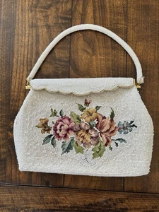 Vintage 1960s Purse White Beaded Evening Bag Floral Needlepoint Tapestry Demure - Picture 1 of 10