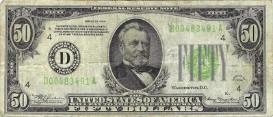 1934 $50 Small Size Federal Reserve Note, Light Green Seal 2102-D - Image 1 of 2