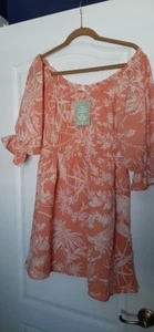 H&M Women's Burnt Orange Summer Floral Baby Doll Dress Elastic Waist Size L NWT - Picture 1 of 4