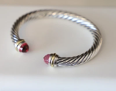 David Yurman Sterling Silver 7mm Cable Bracelet Tourmaline 14k Gold size Medium - Image 1 of 4