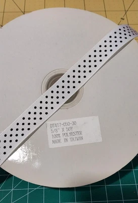 grosgrain ribbon 5/8" 50 yard spool White with Black dots New Old Stock - Image 1 of 2