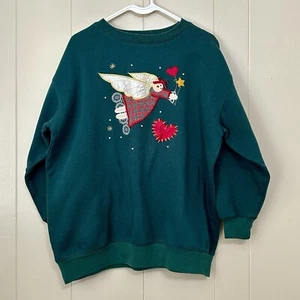 Vintage Weihnachtssweatshirt S M bestickt Engel Country primitiv grün Baggy - Bild 1 von 8