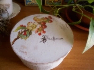 Scatola rotonda Scatola color avorio Diametro cm 17 Decorazione fiore Fiore melo - Foto 1 di 5