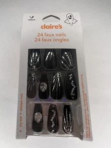 24pc Claire's Fake False Press On Nails Glue On Vegan Black Skeleton Coffin - Picture 1 of 4