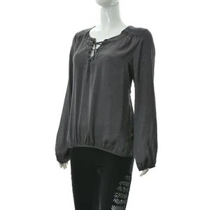Herrlicher Women's Lace Up Peasant Top Keyhole Neck Long Sleeve Puff Size M Grey - Picture 1 of 7