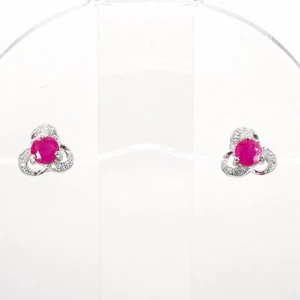Natural Mozambique Ruby & White Zircon 18K White Gold Plated Silver Earrings - Picture 1 of 5