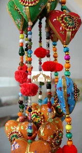 Door Hanging Decorative Cotton 5 Heart Vibrant Color Stringed with Beads & Bell - Picture 1 of 5