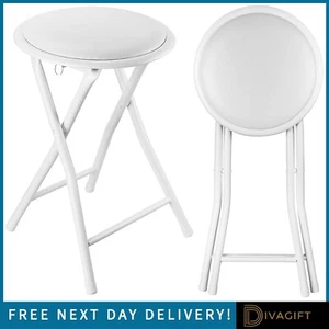 WHITE FOLDING STOOL ROUND FOLDABLE METAL FOR SPACE SAVING STOOLS PADDED SEAT - Picture 1 of 13