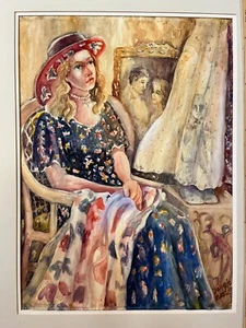 Judith Dazzio Aquarell - sitzendes Mädchen, Kreuz Halskette, nostalgische Erinnerungen - Bild 1 von 8