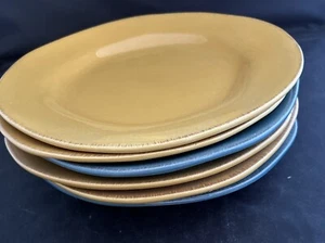 PIER 1 ASYMMETRICAL SHAPED "ELEMENTAL" DINNER PLATES: SET OF Six:HONEY & BLUE - Picture 1 of 6