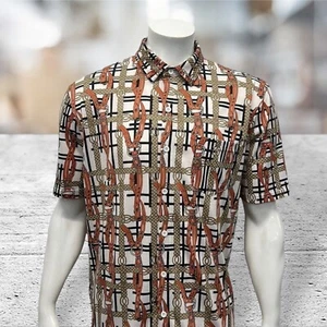 Camicia Venezzi bianca arancione marrone cintura fantasia design vintage retrò disco XL - Foto 1 di 9