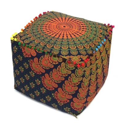 16" Indian Peacock Mandala Pouf Ottoman Foot Stool Floor Decorative Pouf Cover - Image 1 of 4