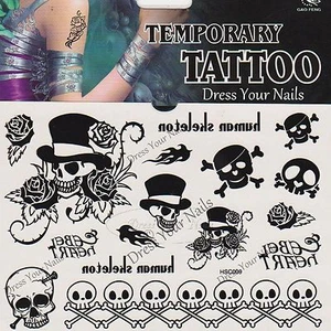 Skull + Crossbones Black Pirate Roses Assorted Temporary Body Tattoo Halloween - Picture 1 of 4