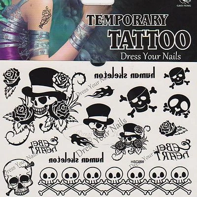 TEMPORARY BODY TATTOOS Schädel + Kreuzknochen schwarze Piratenrosen verschiedene temporäre Körper Tattoo Halloween