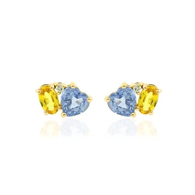 Aretes de diamantes y zafiro amarillo ovalado y zafiro azul corazón oro 14K Foto 1 de 4