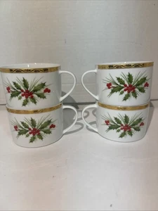Set Of 4 - Gorham Brand-  Festive Holly - Tea Cups - Gold Color Rim - Picture 1 of 16