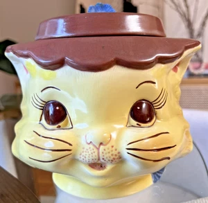 VTG 1976 Miss Priss Style Cat Head Cookie Jar Hobbyist Floral Hat Yellow Cat - Picture 1 of 16