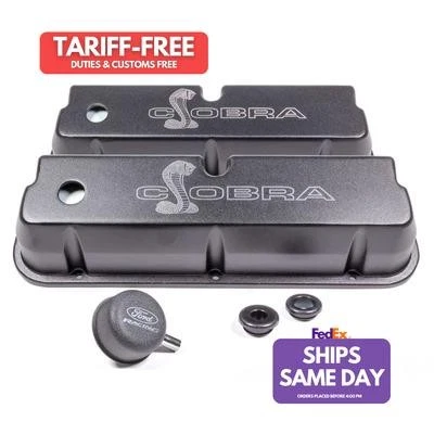 Ford M-6582-LE302SBK, 2 Pack Black Aluminum Sbf Valve Covers W/Cobra Logo Black  - Image 1 of 4