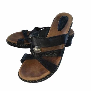 MINNETONKA BLACK LEATHER COMFORT SANDALS Womens Sz 9 Style 70403 - Picture 1 of 11