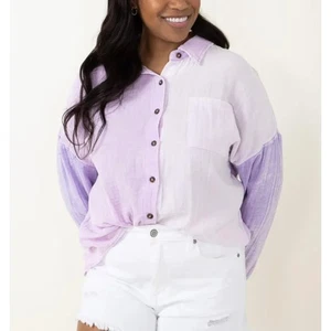 Simply Southern Gaze Colorblock Button Down Kragen Hemd Flieder 100% Baumwolle XL - Bild 1 von 16