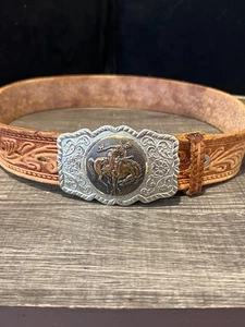 Silver Brass tone Cowboy Bucking Bronc Belt Buckle 33 in leather belt HANDTOOLED - Picture 1 of 7