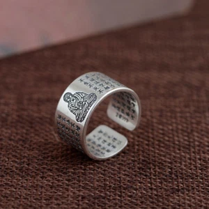 999 Sterling Silver Buddhism Buddha Heart Sutra Band Ring size 9 Men A3534 - Picture 1 of 10