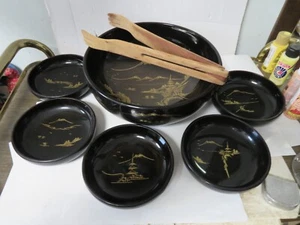 Vintage 1960's Japanese Laquerware AIZU Black Salad Bowls & Serving Utensil Set - Picture 1 of 12
