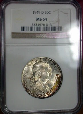 1949-D FRANKLIN HALF / BETTER DATE / DARK RED TONING ON BOTH SIDES / NGC MS64 - Image 1 of 2