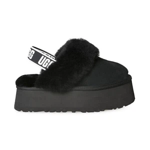UGG FUNKETTE BLACK SUEDE SHEEPSKIN STRAP PLATFORM WOMEN'S SLIPPERS SIZE US 11 - Picture 1 of 5