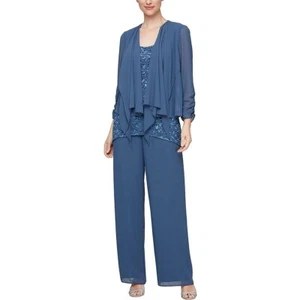 NEW ALEX EVENINGS BLUE CHIFFON EMBELLISHED JACKET PANTS SUIT SET SIZE 18 $249 - Picture 1 of 3