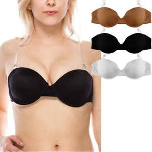 Transparent Clear Invisible Removable Shoulder Straps & Back Strap Plunge Bra - Picture 1 of 32