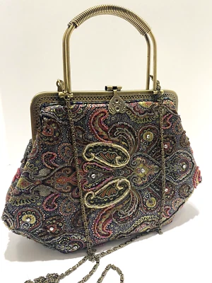 Винтажный бисером пейсли многоцветный гобелен Дамская сумка металлический поцелуй замок и цепочка ремень - Изображение 1 из 4