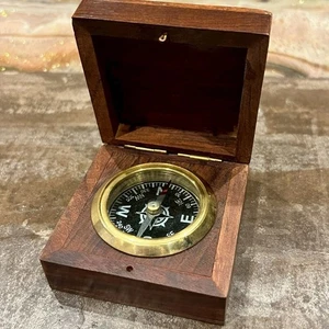 Boxed Brass Compass, Marine Antique, Nautical Equipment, Wood, Interior Decor - Picture 1 of 8
