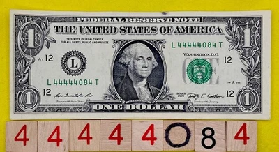 Six of a Kind 4s Solid Five In A Row 4s Fancy Serial Number One Dollar Bill 2009 - Image 1 of 4