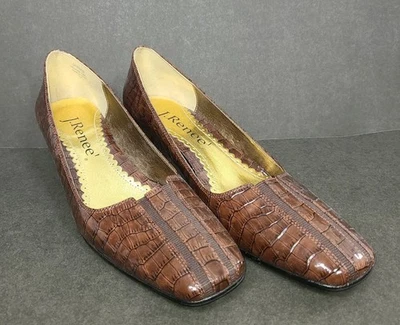Tacones J. Renee Gustine Marrón Cocodrilo Repujado Talla 7N Borde Dorado Puntera Cuadrada Usados en Excelente Condición Foto 1 de 4