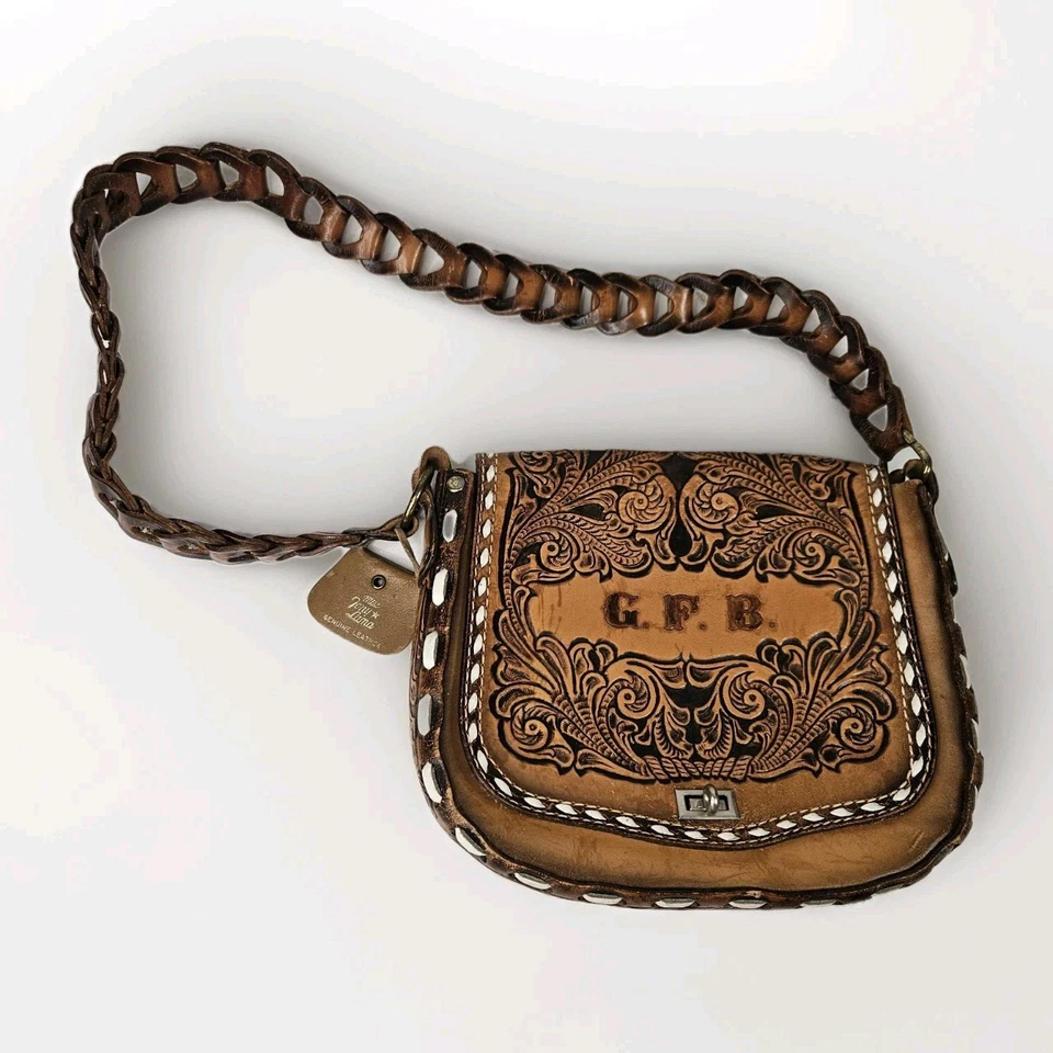 Bolso de hombro Miss Tony Lama vintage hecho a mano de cuero trabajado Foto 1 de 4