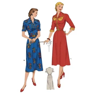 Vintage 1940s Pattern – Midi Dress - Collar & Cuffed Sleeves - Bust 38” (96.5cm) - Picture 1 of 5
