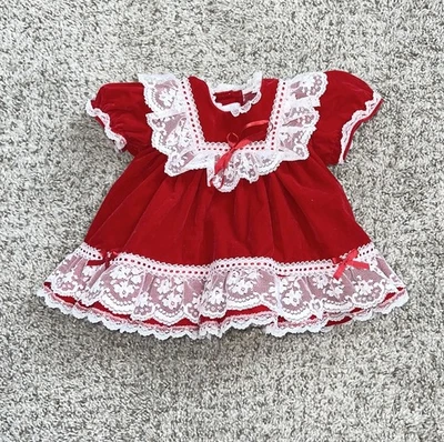 Vintage 80s Velvet Bib Newborn Holiday Dress Red White Lace Puff Sleeve - Image 1 of 4