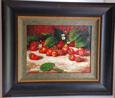 Pintura al óleo de colección fresas bodegón mediados del siglo XX por J. Nodrick listado Foto 1 de 4
