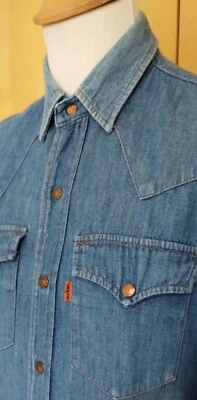 RARE 70S 15.5" VINTAGE LEVIS SMALL DENIM BLUE ORANGE TAB WESTERN SLIM SHIRT XS - image 1 of 4