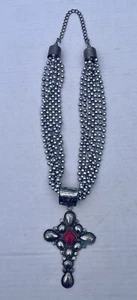 Red Stone Silver Cross Pendent with Silver bead Necklace - Picture 1 of 8