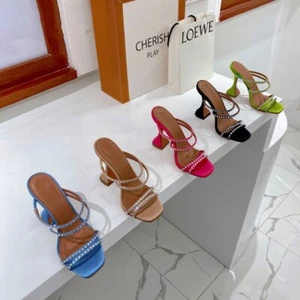 Amina Muaddi Rhinestone High Heel Sandals Square Head Wine Glasses Mullers - Picture 1 of 29