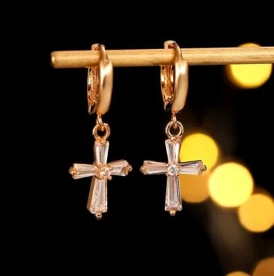 Unique Fire Cross Cut White Topaz Zirconia Gemstone Gold Plated Stud Earrings - Image 1 of 4