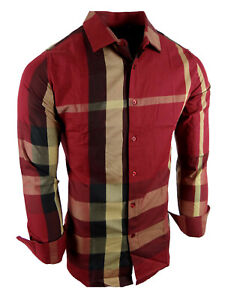 Mens Plaid Shirt Designer Engineered Stripes Stretch Button Up NEW Casual Dress
