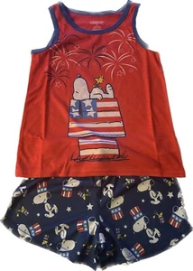 New Peanuts Snoopy 2 Pieces Red Blue Shorts Pjs Pajamas Youth Unisex Sz 6 Kids - Picture 1 of 3