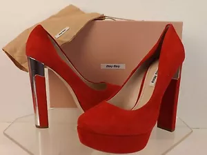 NIB MIU MIU 5IP334 RED SUEDE SILVER MIRROR HIGH HEEL PLATFORM PUMPS 37.5 US 7 - Picture 1 of 12