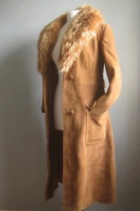 VINTAGE LONG LEATHER COAT 10 8 camel tan fur collar belt soft distress boho chic - Picture 1 of 23