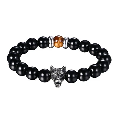 Mens 10MM Agate Beaded Stainless Steel Viking Wolf Fenrir Beads Bracelet Elastic - Imagem 1 de 4