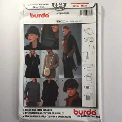 Burda 8845 Hat Cap Bag Scarf Bucket Cross Small Hand Ladies New Uncut Pattern - Image 1 of 4